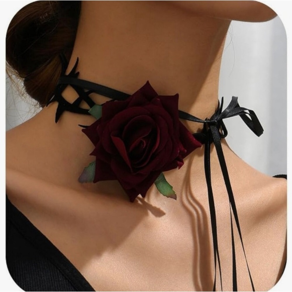 Black Choker‎ with Dark Red Rose